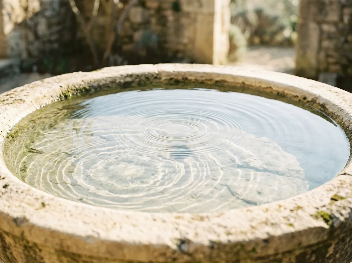 Agua clara en cuenco de piedra natural con suaves ondas concéntricas y luz matinal.